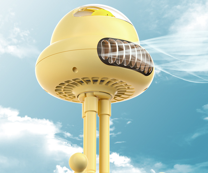 USB baby rechargeable stroller fan in yellow against a blue sky, designed for keeping babies cool and comfortable.