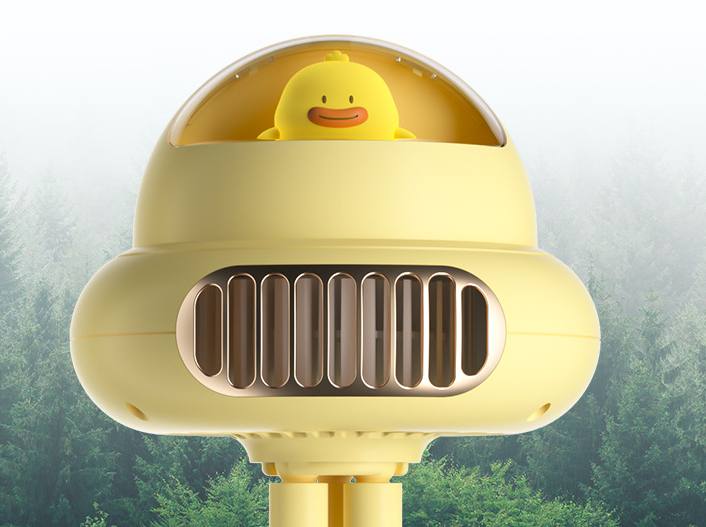 USB baby rechargeable stroller fan with cute yellow design and smiling character, perfect for keeping babies cool.