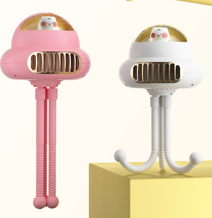 USB baby rechargeable stroller fan in pink and white, designed for portable cooling and easy attachment to strollers.