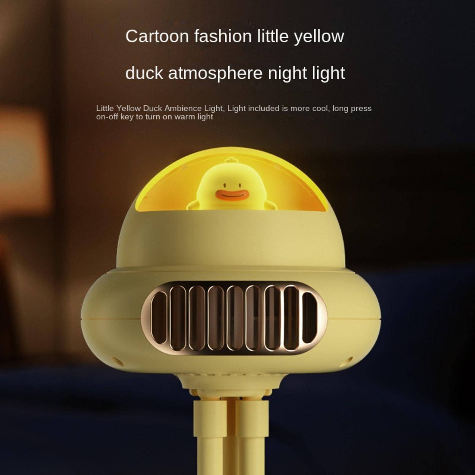 USB baby rechargeable stroller fan in yellow duck atmosphere night light for kids' rooms with cool ambiance and adjustable brightness.