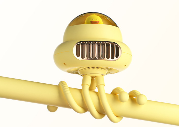USB baby rechargeable stroller fan designed in a playful yellow color, easily attachable for convenient cooling.