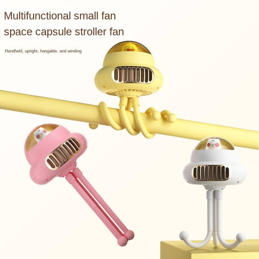 USB baby rechargeable stroller fan in pink, white, and yellow colors, designed for versatile cooling and easy attachment.