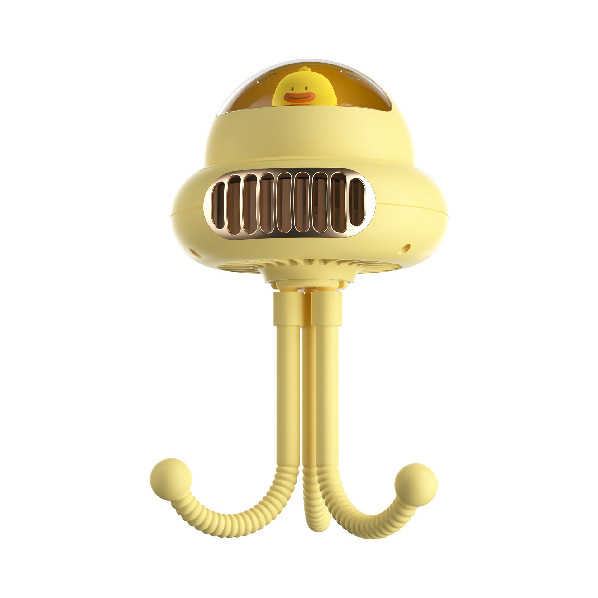 USB baby rechargeable stroller fan in a cute yellow design with flexible arms for easy attachment.